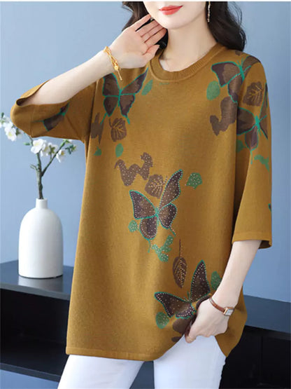 Top de punto estampado con cuello redondo y manga corta para mujer, de talla grande y moderno