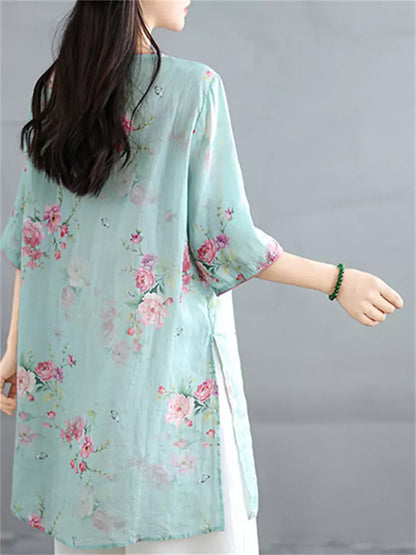 Damenbluse aus Ramie im chinesischen Stil mit diagonal bestickter Knopfleiste, halben Ärmeln und Zen-inspiriertem Muster