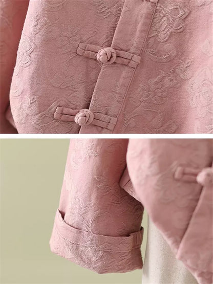 Damenbluse aus Baumwoll-Leinen-Mischgewebe mit Jacquard-Stickerei, asymmetrischer Knopfleiste und Froschknöpfen