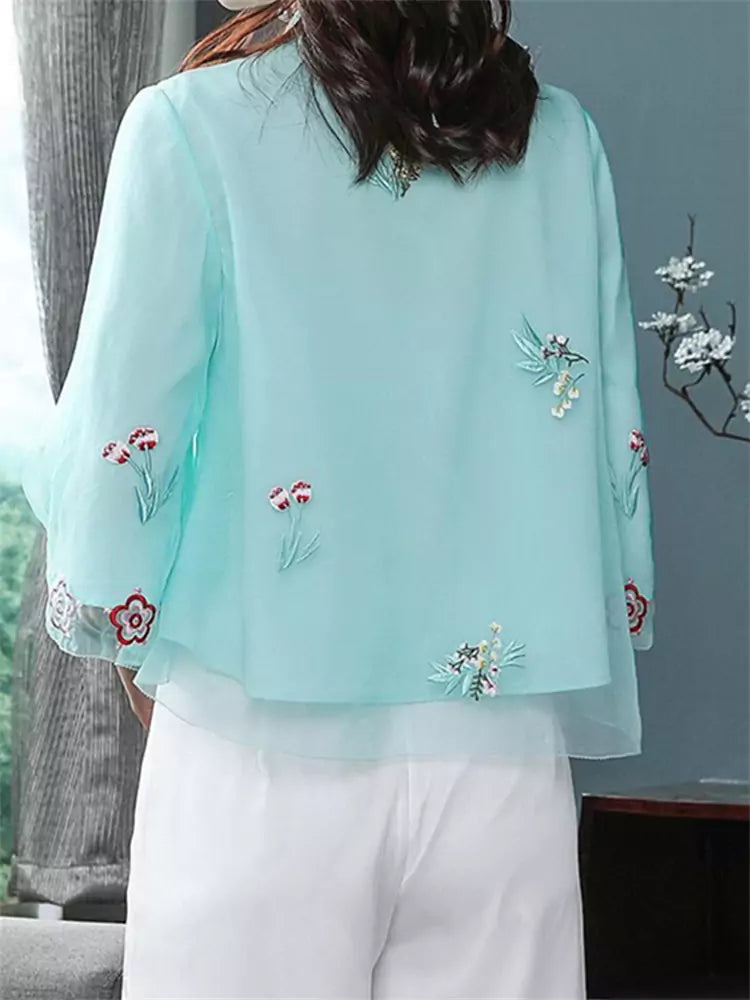 Vintage Embroidery Mandarin Collar Button Up Blouse for Women