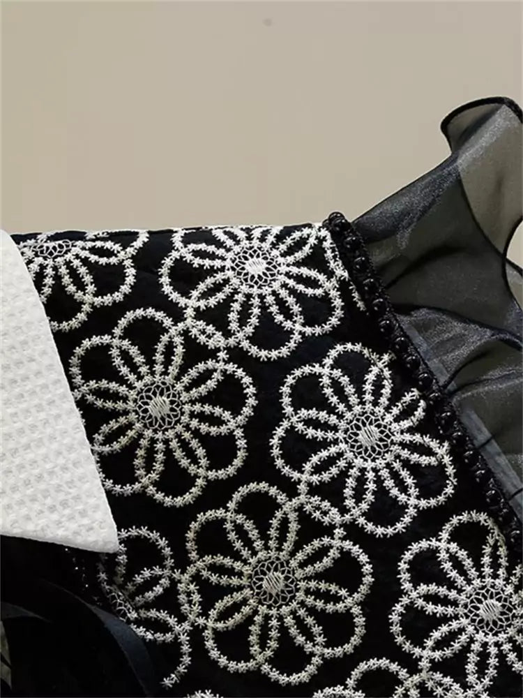 Sweet Embroidered Ruffle Trim Button-Up Shirt with Tie Cape Two-Piece Set for Women