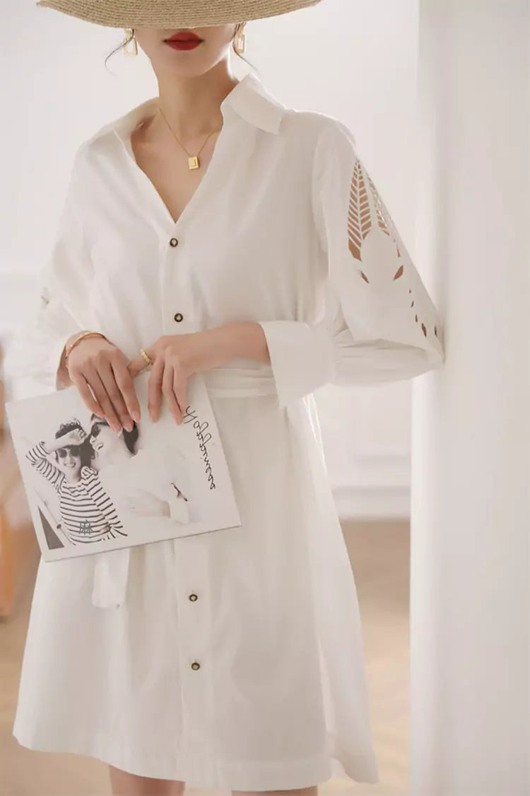 Exquisite Handcrafted White Hollow-Out Shirt Dress for Women