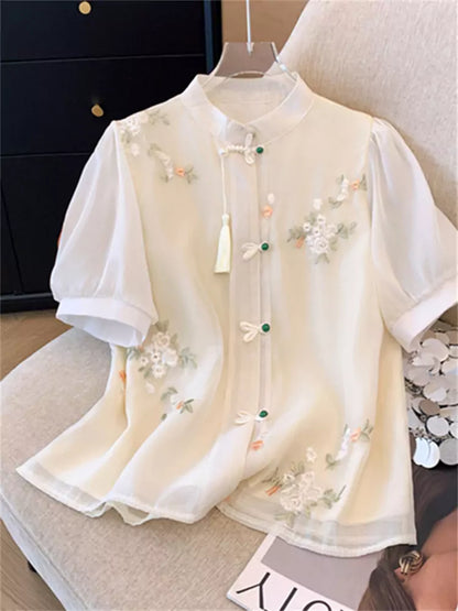 Blusa de gasa de manga corta con bordado exquisito y mangas abullonadas para mujer, talla grande
