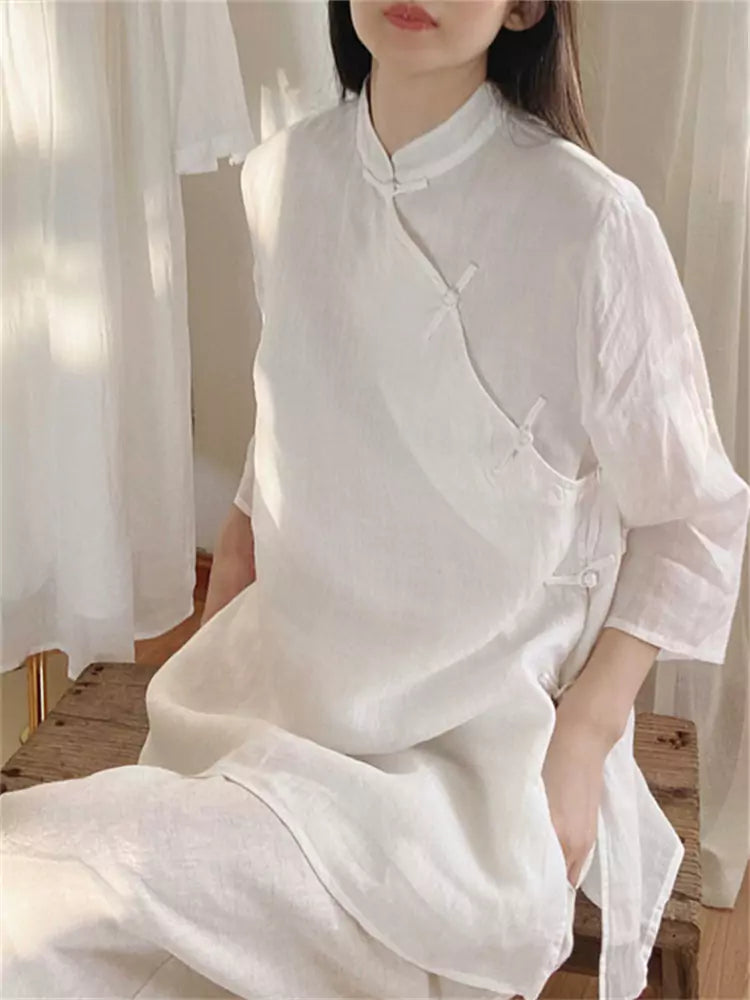 New Chinese Style Diagonal Placket Linen Blouse for Women