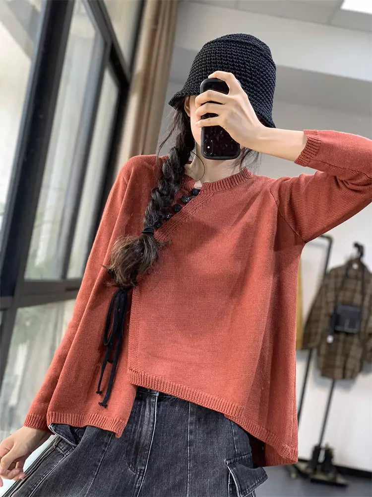 Vintage-Strickbluse im chinesischen Stil mit asymmetrischem Muster für Damen