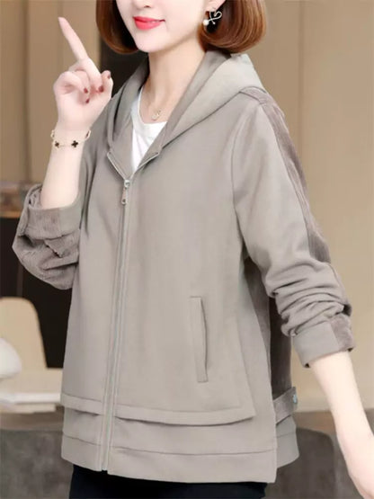 Lässige Cordjacke mit Kapuze und Patchwork-Design für Damen