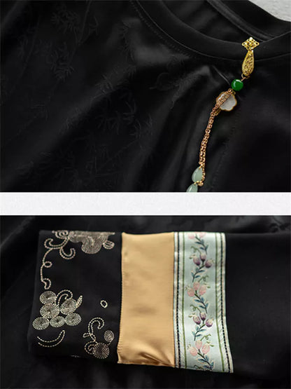 Neue chinesische Bluse im Jacquard-Stil mit Stickerei, Rundhalsausschnitt und langen Ärmeln für Damen