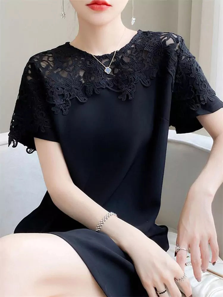 Vestido negro de acetato y encaje de seda para mujer: elegante vestido midi de manga corta.