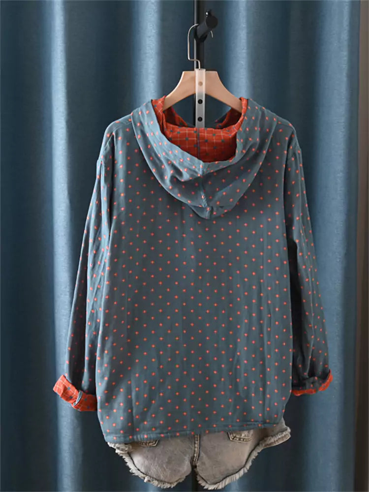 Comfortable Casual Double-Layer Cotton Gauze Checkered Printed Jacket with Hood for Women