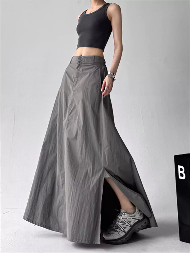 Grauer, hochtaillierter A-Linien-Maxirock im amerikanischen Vintage-Stil mit seitlicher Raffung für Damen