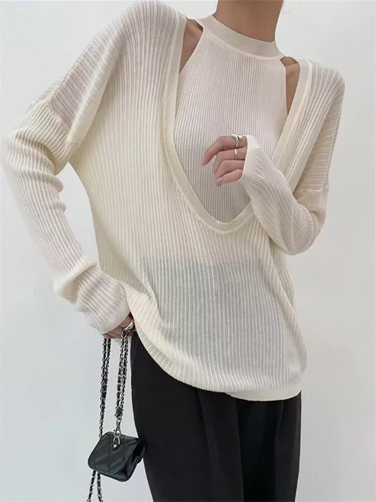 Halter Neck Knit Tank Top with Loose U Neck Pullover Two-Piece Set for Women