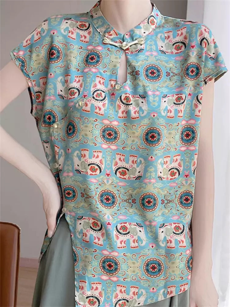 Vintage Chinese Style Jacquard Satin Short Sleeve Loose Blouse for Women