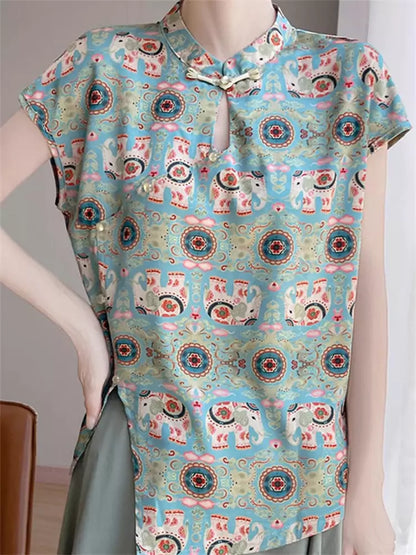 Vintage Chinese Style Jacquard Satin Short Sleeve Loose Blouse for Women