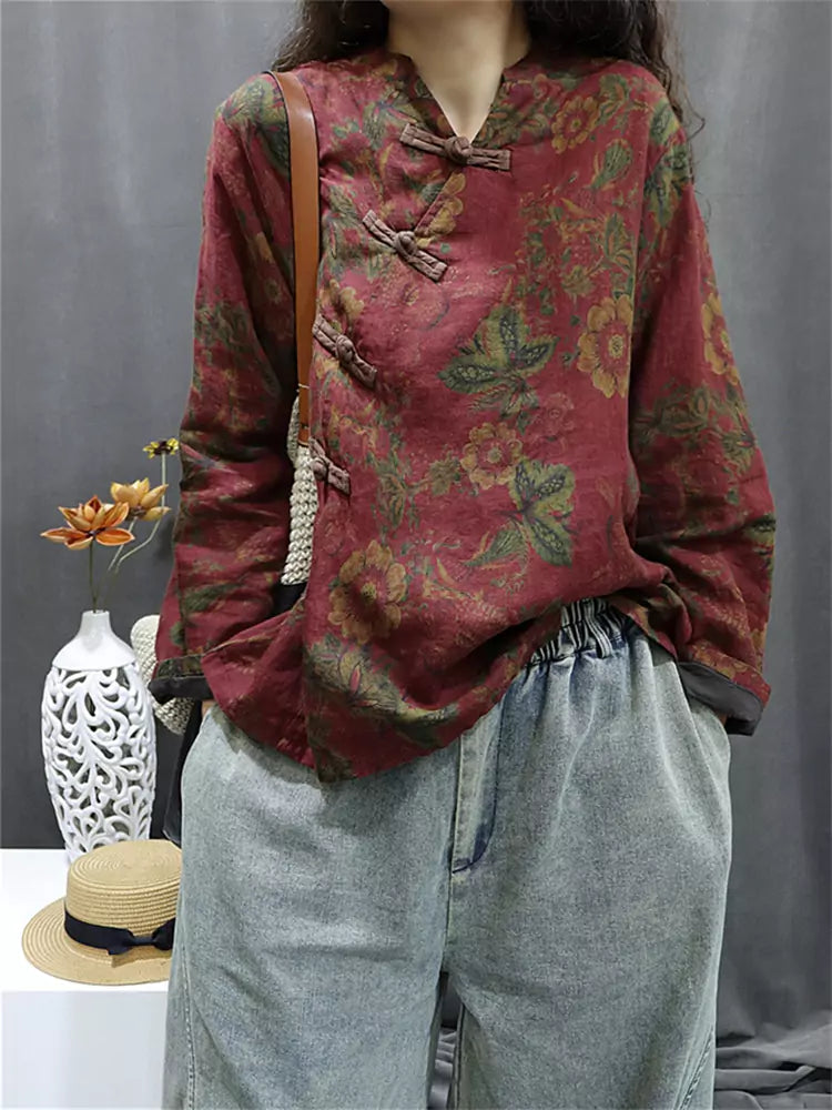 Vintage-Hemd im chinesischen Stil aus Baumwoll-Leinen mit schrägem Kragen für Damen
