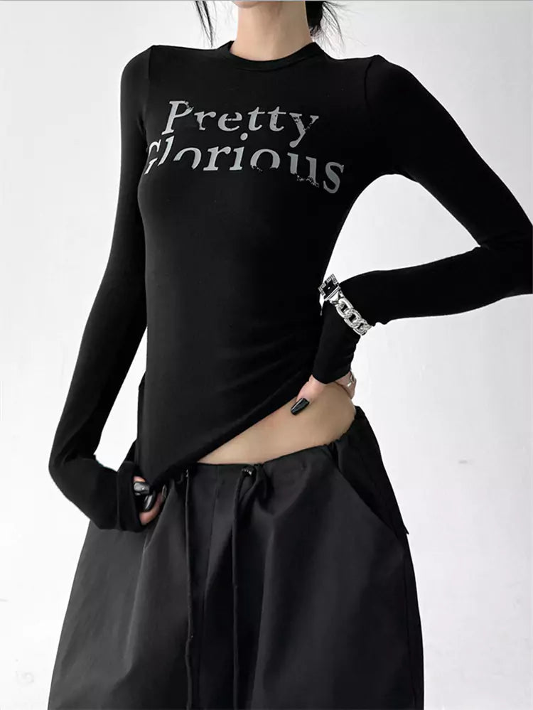 Slim Fit Black Letter Print Cropped T-Shirt for Women