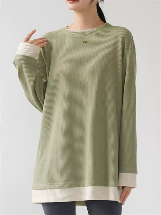 Zweiteiliges grünes Farbblock-Langarmshirt für Damen