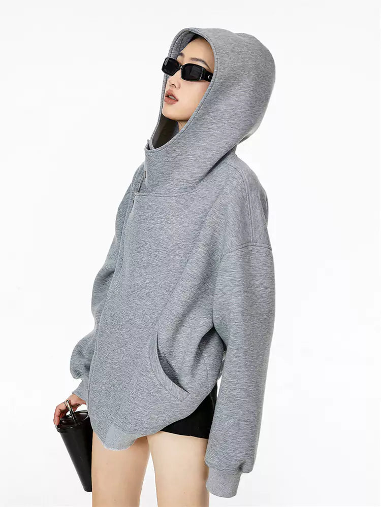 Sudadera con capucha asimétrica con cremallera gris claro vintage para mujer