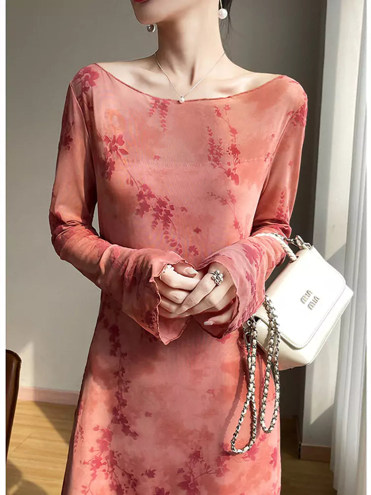 Vestido largo vintage de malla flocada para mujer