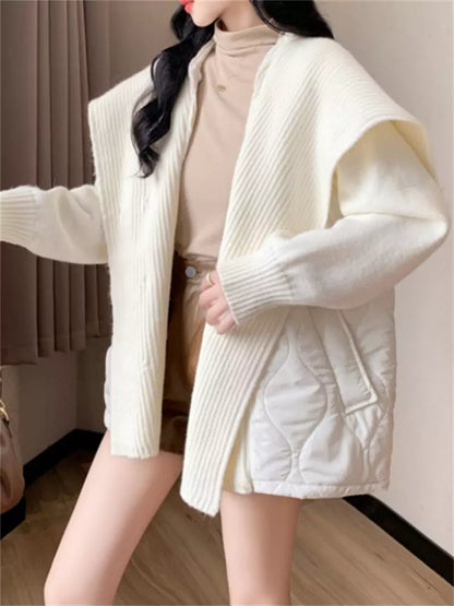 Beige-blaue Strickjacke mit Kragen für Damen