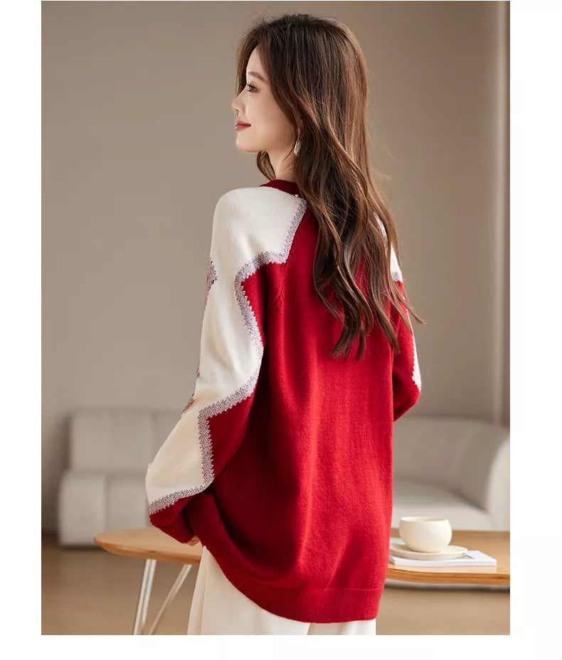Red Colorblock Loose Knit Sweater for Women