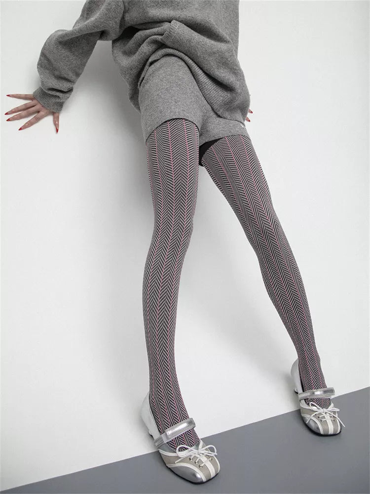 Strumpfhose aus Baumwollstrick mit Fischgrätmuster für Damen, Herbst/Winter