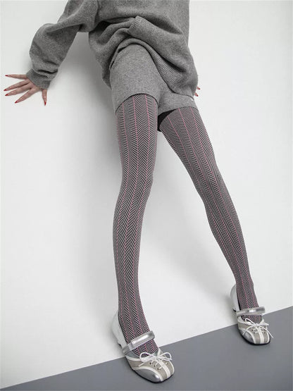 Strumpfhose aus Baumwollstrick mit Fischgrätmuster für Damen, Herbst/Winter