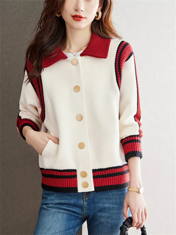 Chaqueta bomber roja de mezcla de lana con botones y cuello en contraste para mujer