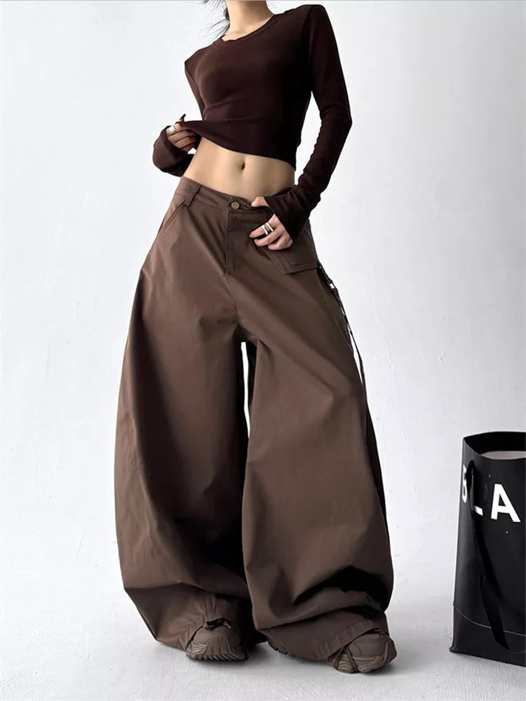 Black Classic High-Waist Wide-Leg Cargo Pants for Women
