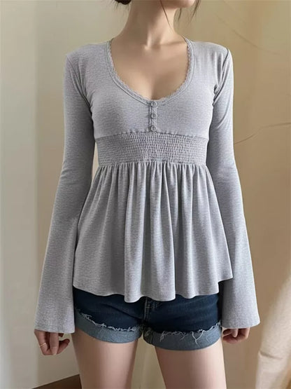 Black Lace Trim V-Neck Smocked Bell Sleeve Top