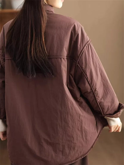 Women's Oversized Cargo Padded Jacket Stand Collar Windproof with Large Pockets