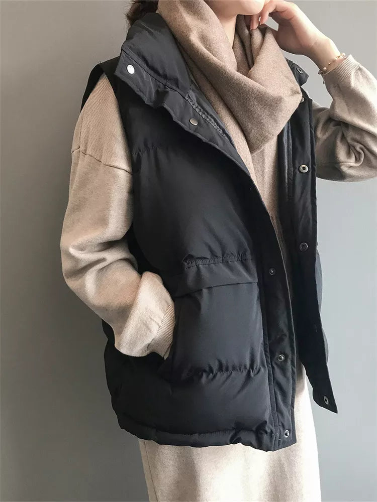 Women's Cream Beige Puffer Vest with Drawstring Waist Stand Collar