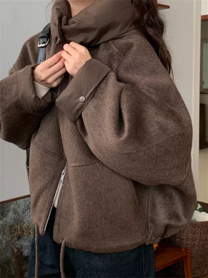 Women's Coffee Brown Woolen Zip-Up Short Jacket with Detachable Hooded Insert