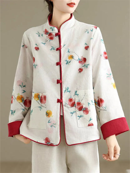 Women's Reversible New Chinese Style Pomegranate Floral Frog Button Stand Collar Coat
