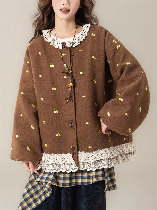 Women's French Sweet Coffee Brown Floral Embroidered Wool Blend Jacket with Lace Trim