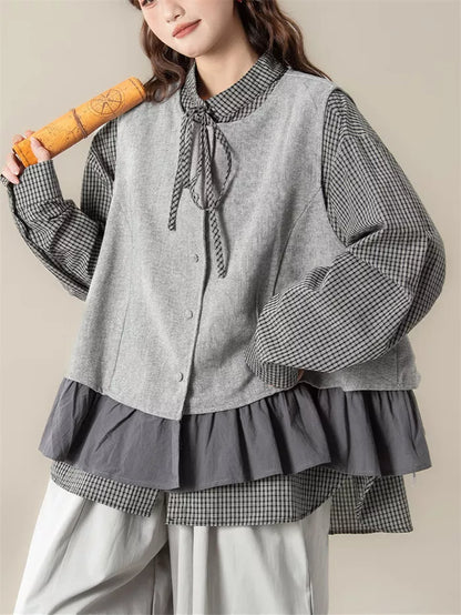 Women's Vintage 2-Piece Set Grey Ruffled Vest & Plaid Long Sleeve Shirt Layered Outfit