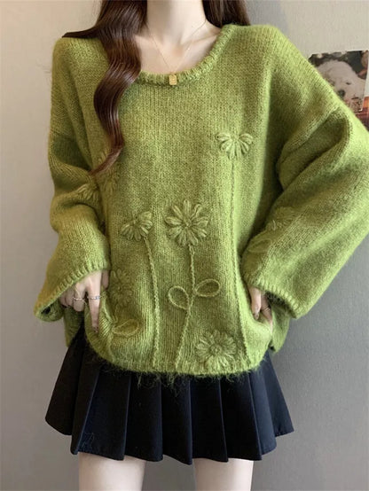 Women's Korean Chic Lime Green Floral Jacquard Knit Sweater Oversized Soft Pullover Winter Top