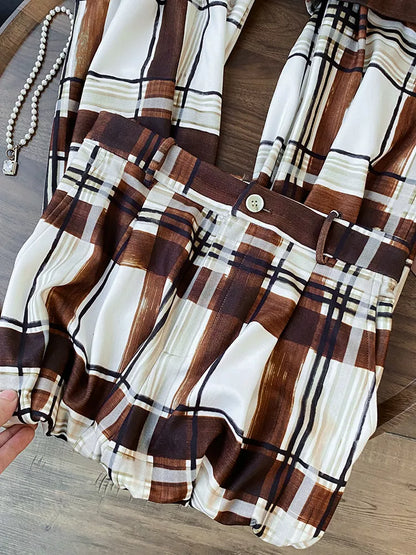 Women's French Vintage Brown Plaid Wide Leg Pants High Waist Thick Straight Trousers