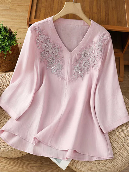 Women's Artistic Light Blue Ramie Blouse Floral Embroidered V-Neck Shirt Beaded Linen Top
