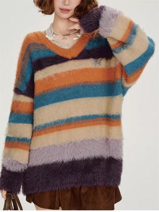 Women's Y2K Vintage Striped Mohair Knit Sweater Oversized V-Neck Fuzzy Pullover