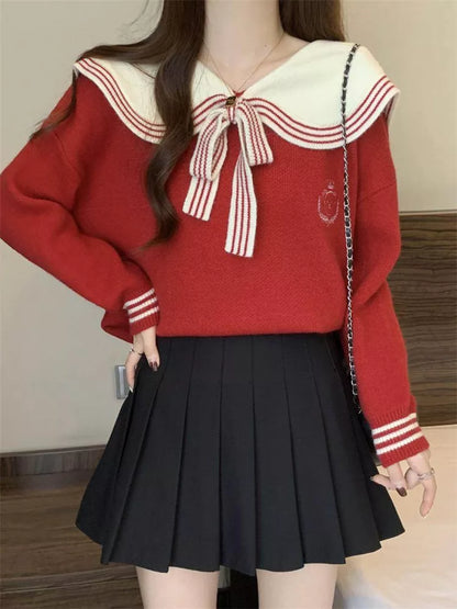 Women's Red Sailor Collar Knit Sweater Cute Preppy Style Pullover with Bow Tie & Bear Embroidery