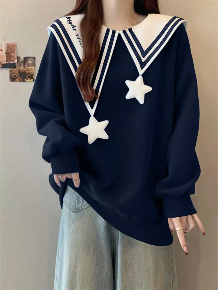 Women's Navy Blue Sailor Collar Sweatshirt Cute 3D Star Pendant Pullover