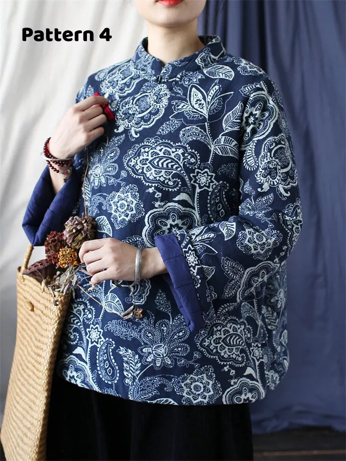 Women's Vintage Chinese Style Blue Floral Padded Jacket Cotton Linen Frog Button Short Coat