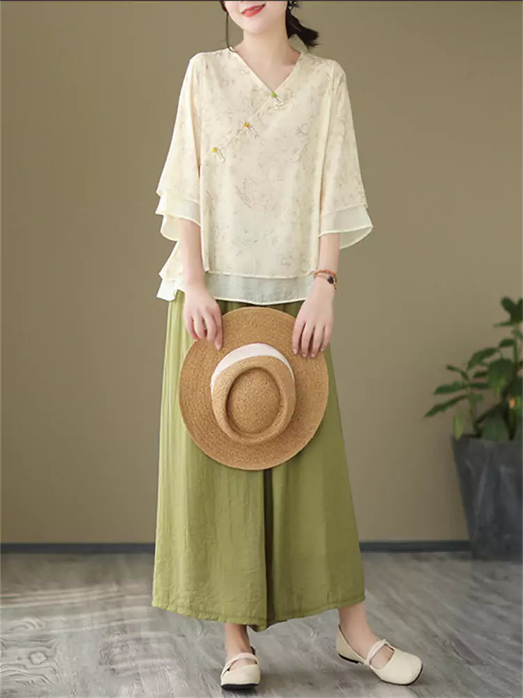 New Chinese Style Cotton Linen V-Neck Shirt with Oblique Placket & Knot Buttons