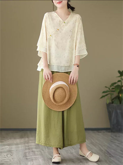 Neues chinesisches Baumwoll-Leinen-Hemd mit V-Ausschnitt, schräger Knopfleiste und Knotenknöpfen