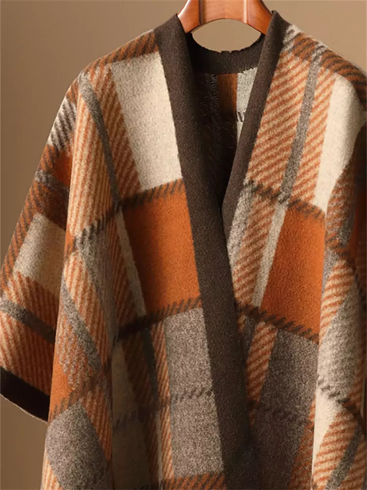 High-End Color Block Plaid Wool Shawl with Tassels