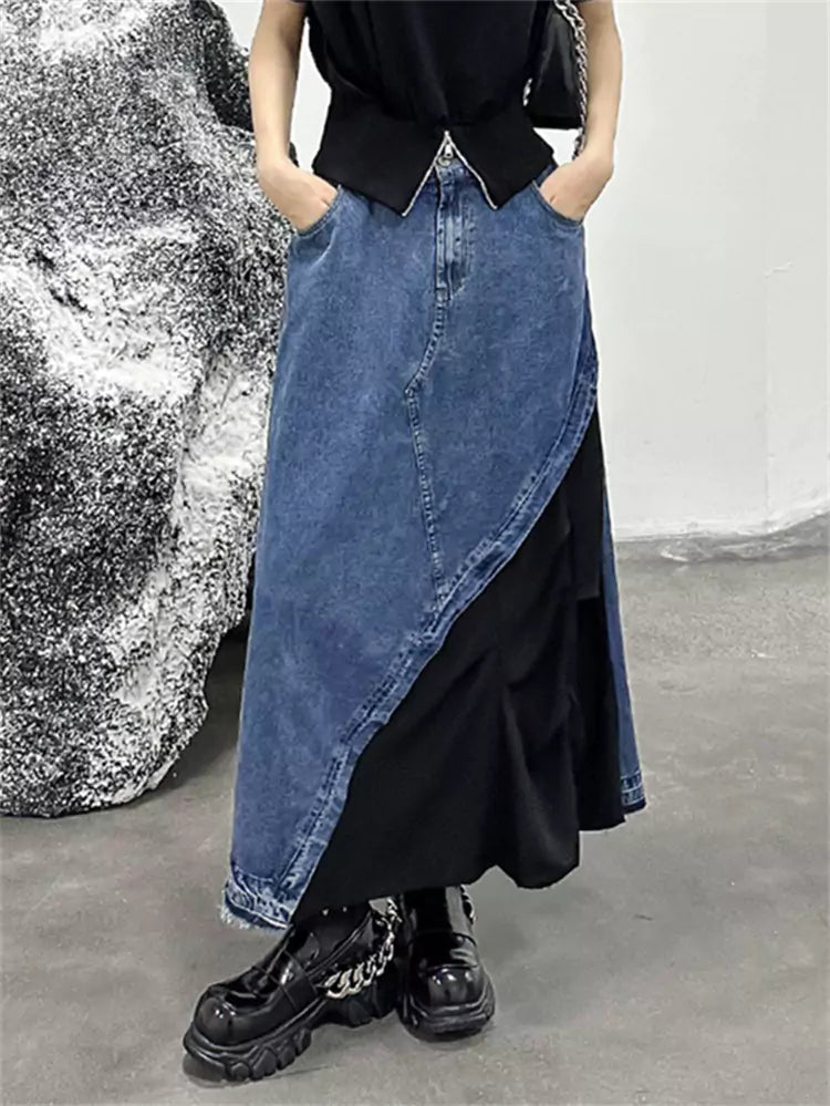 Chic Denim Patchwork Maxi Skirt with Retro Style