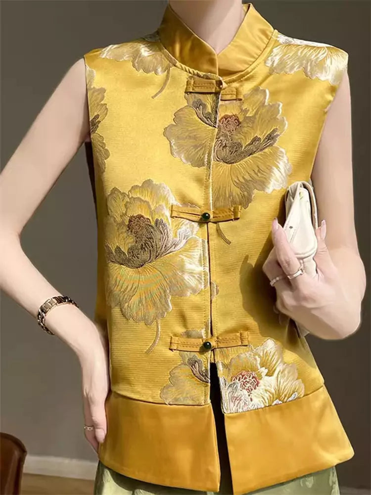 New Chinese Style Satin Embroidered Jacquard Vest with Stand Collar and Frog Buttons