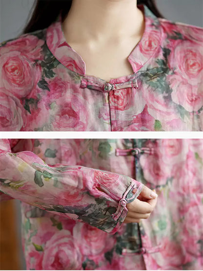 Leichte Ramie-Bluse im chinesischen Stil mit Blumenmuster, Stehkragen und Froschknöpfen