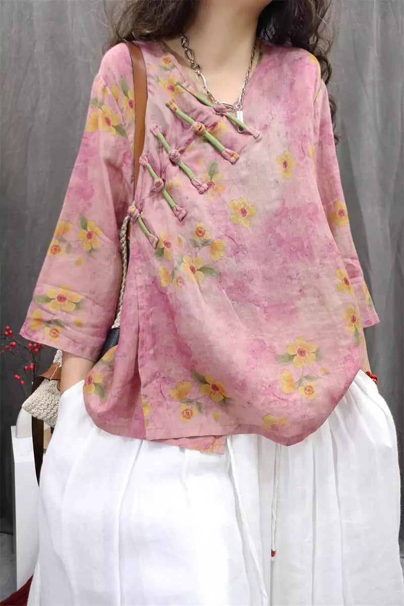 Chinese Style Orange Ramie Floral V-Neck Blouse with Frog Buttons and 3/4 Sleeves