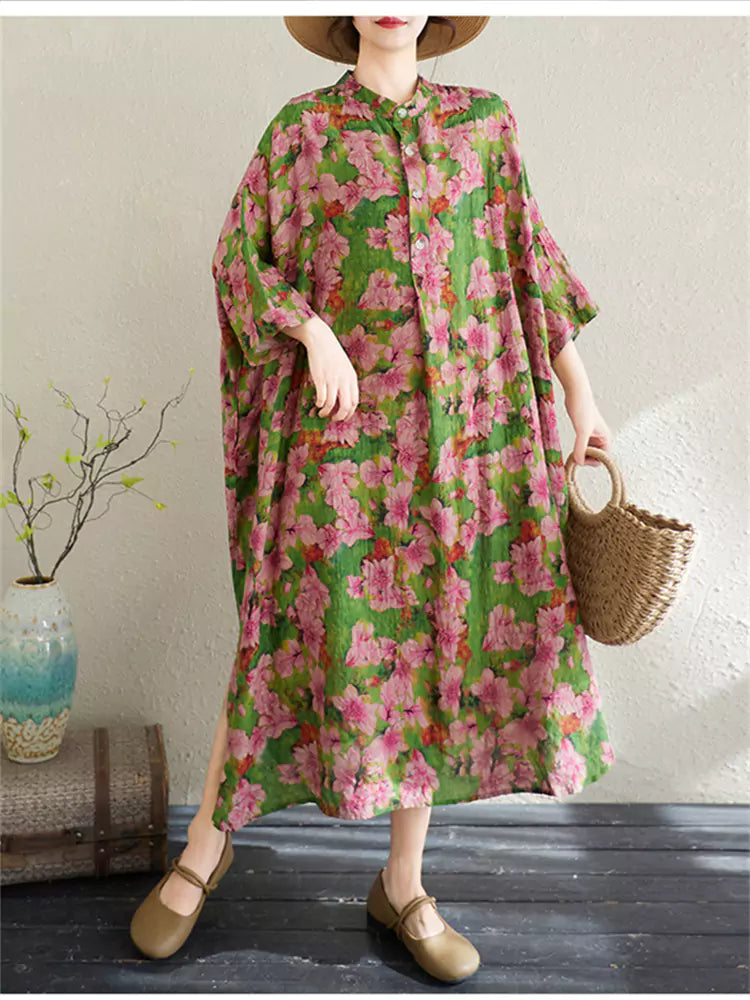 Vestido largo vintage de lino y algodón con estampado floral de talla grande para mujer